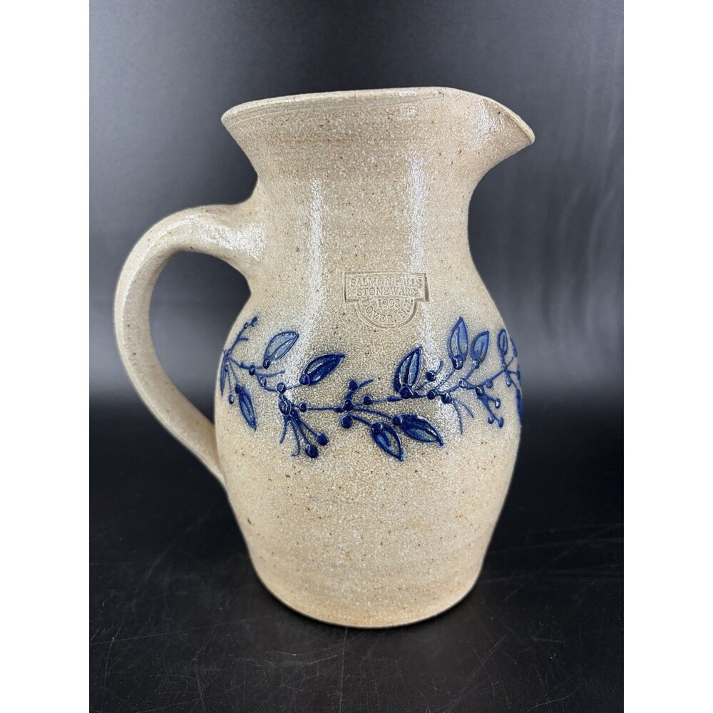 Salmon Falls Stoneware Pitcher Blueberry Vine Gray 7.4" Dover NH 1993